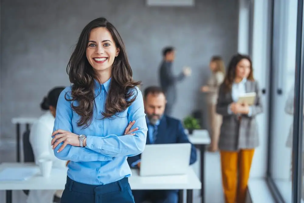 Business professionals collaborating in an office setting.